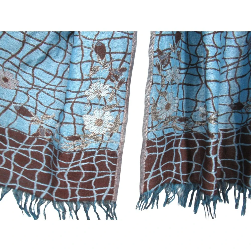 JULIANA COLLEZIONE Blue/Brown WOOL & SILK Fringe Hem SCARF/NECK TIE/WRAP